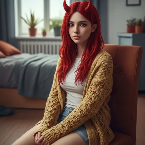 Cute Teenage Girl with Red Demonic Horns in Apartment