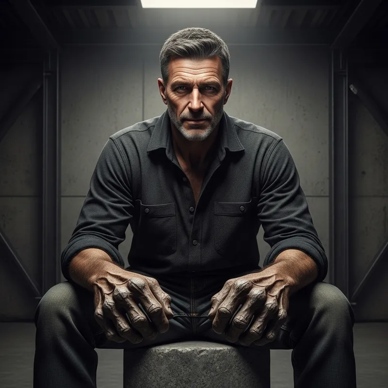 Intimidating 50-Year-Old Man with Stone-Like Hands Sitting on Cube Intimidating 50-Year-Old Man with Stone-Like Hands Sitting on Cube