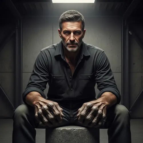 Intimidating 50-Year-Old Man Sitting on Cube | Calm Yet Intimidating