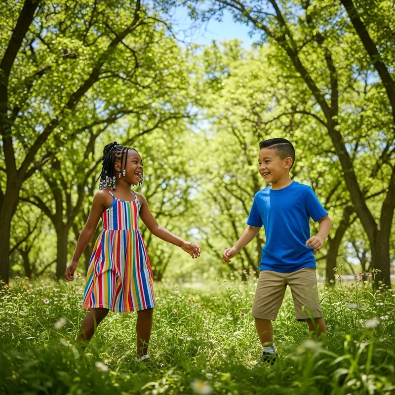 Children Playing in Green Grove on Sunny Day | Diverse Kids Having Fun Outdoors
