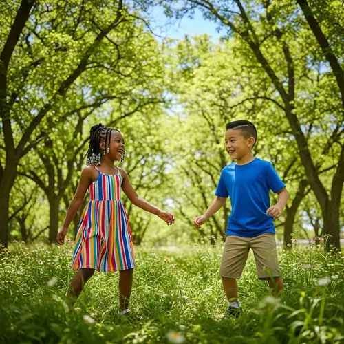 Diverse Children Playing in Vibrant Green Grove | Kids' Outdoor Fun