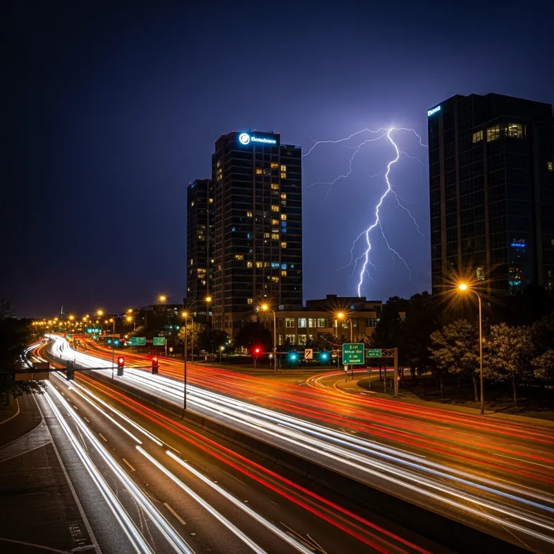 Stunning Night Scene: Building and Highway Lightning