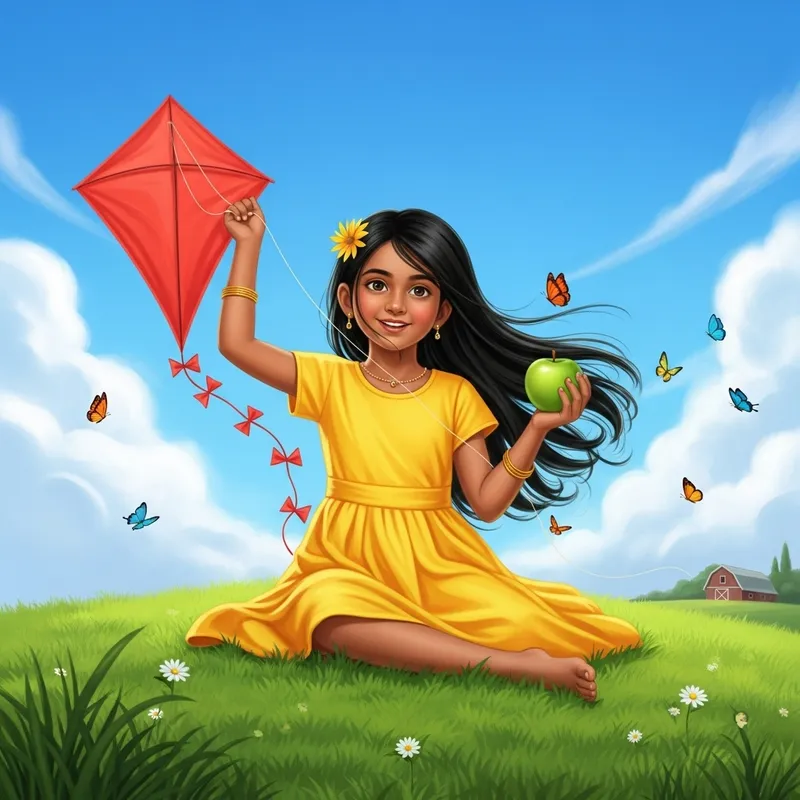 South Asian Girl Flying Kite on Hill with Fresh Apple