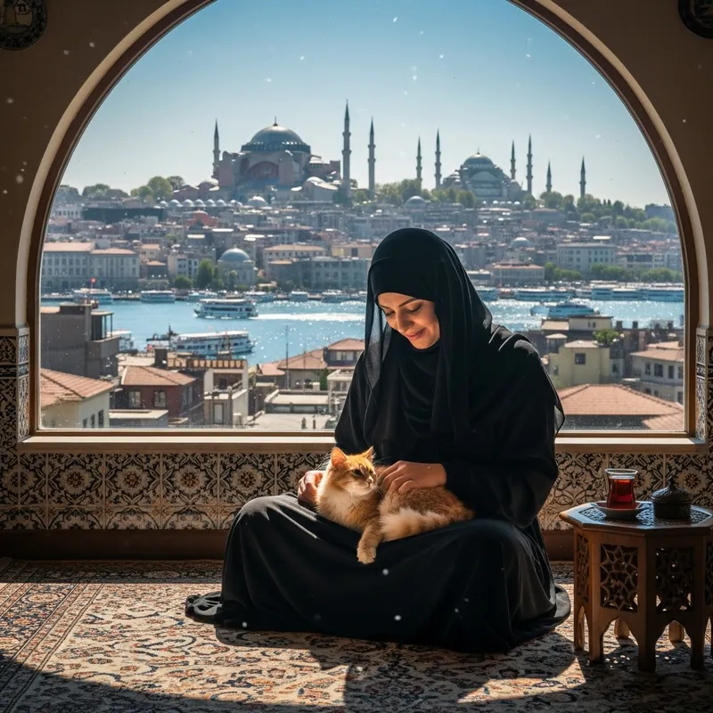 Muslim Woman in Niqab Petting Cat in Istanbul Front View