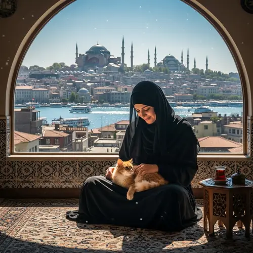 Middle-Eastern Woman in Niqab Petting Cat in Istanbul