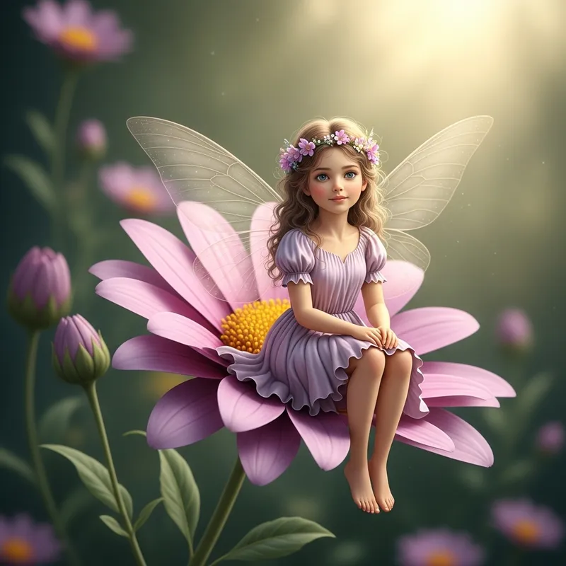 Magical Fairy Sitting on Lavender Flower