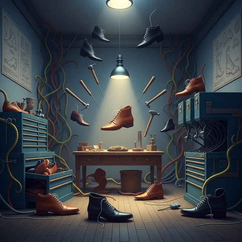 Surrealistic Shoe Repair Shop: Enigmatic Artistry with Floating Shoes