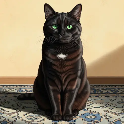 Detailed Illustration of Domestic Short-Haired Cat in Black with Emerald Eyes
