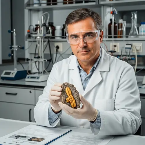 Middle-aged European Doctor Holding Mumiyo Specimen in Lab