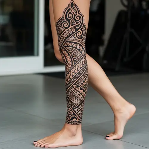 Intricate Dark Tribal Leg Tattoo Design for Women