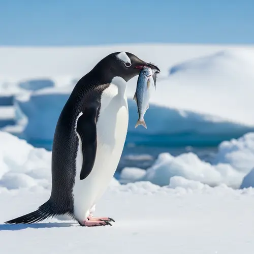 Antarctic Penguin with Fish | Snowy Environment