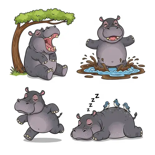 Cute Hippo Poses Vector | Playful, Adorable Hippopotamus Illustrations