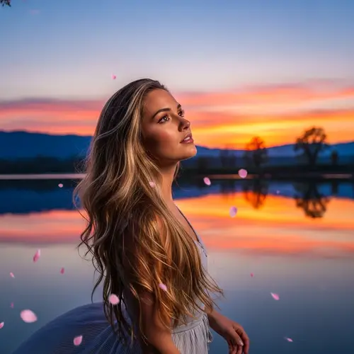 Beautiful Blonde Girl by Serene Lake at Sunset