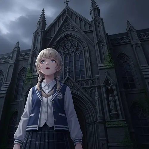 Blonde-Haired Korean Student Girl Looking Fearfully Upwards