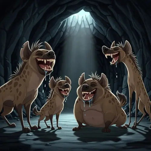 Boisterous Hyenas Laughing in Dimly Lit Cave