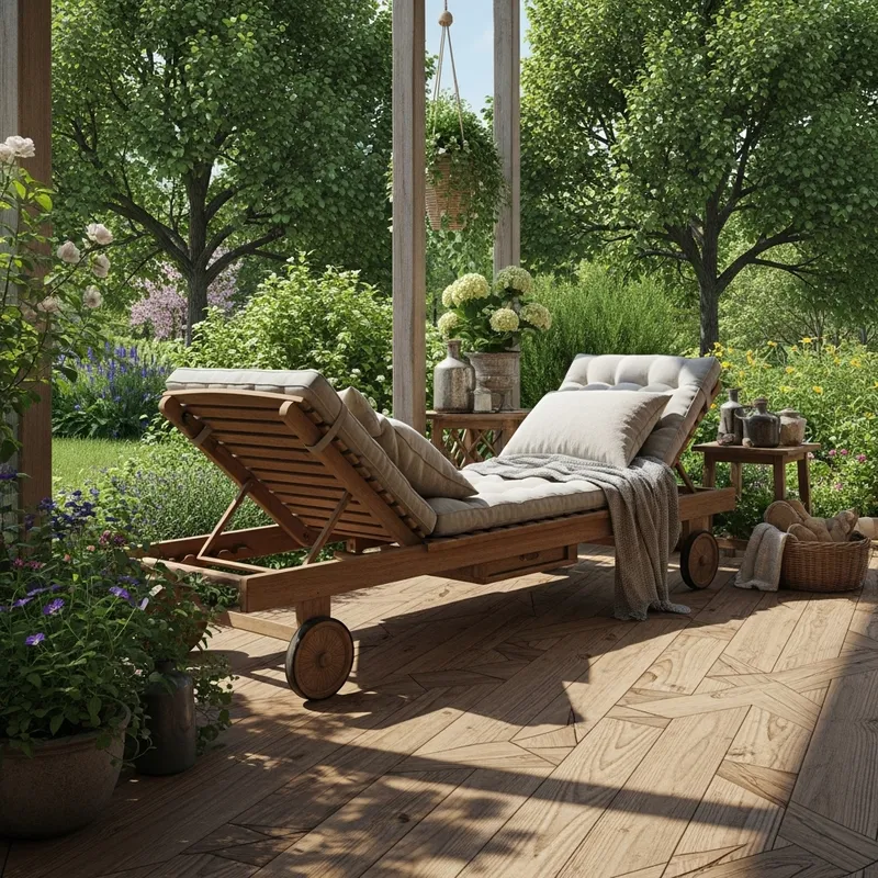 Wooden Chaise Lounge in Garden Veranda Wooden Chaise Lounge in Garden Veranda