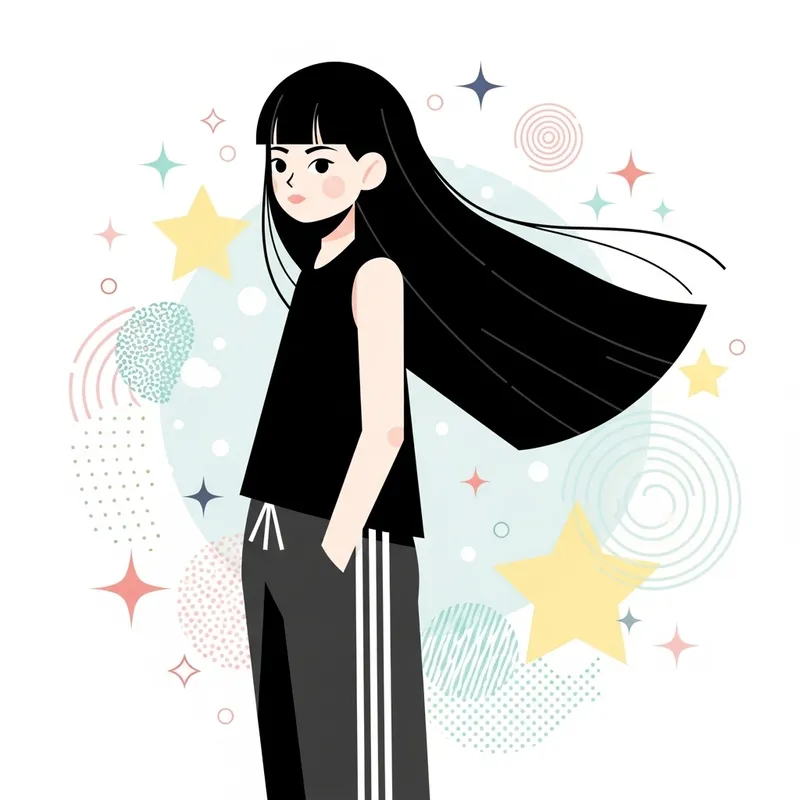 Flat Geometric Style Illustration of Japanese Girl with Black Hair Flat Geometric Style Illustration of Japanese Girl with Black Hair