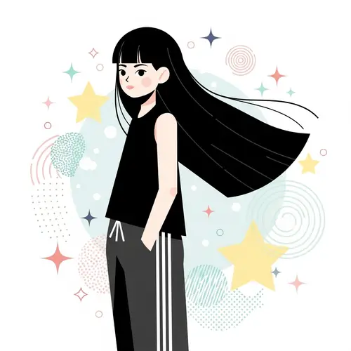 Flat Geometric Illustration of Japanese Girl with Long Black Hair