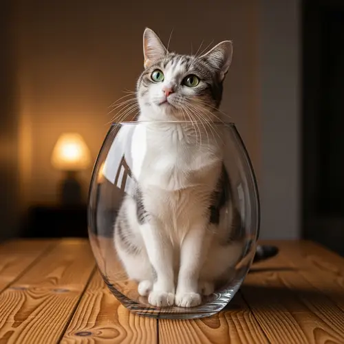Curious Cat in Glass: Intriguing Reflections & Cozy Setting