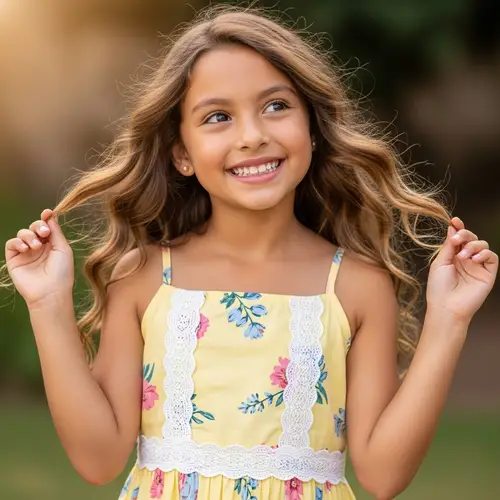 Charming Hispanic Girl Smiling and Playing with Golden Hair
