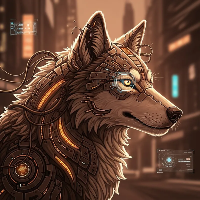 Cyberpunk Style Wolf - Smiling with Head Turned Right in Brown Shades
