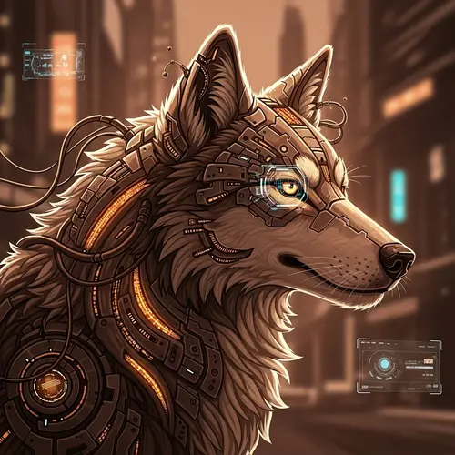 Cyberpunk Style Wolf with Subtle Smile in Brown Shades