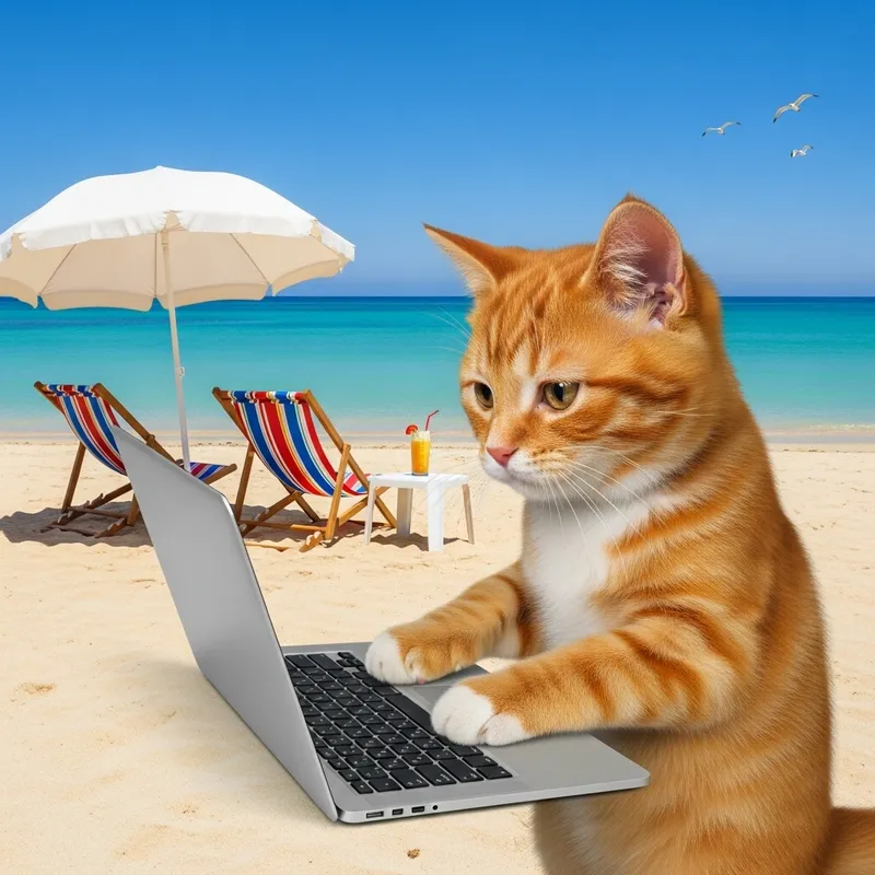 Cat Working on IT by the Seaside
