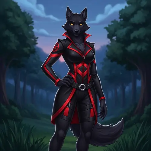 Black Female Wolf Character in Striking Black and Red Outfit