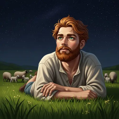 Young Red-Haired Shepherd in Starry Field Stargazing with Flock