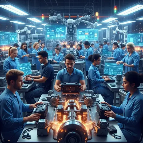 Futuristic Factory | Diverse Workers & Advanced Tech Production