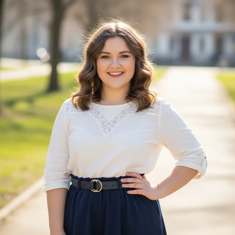 Confident Plump Girl with Wavy Brown Hair | Tranquil Setting