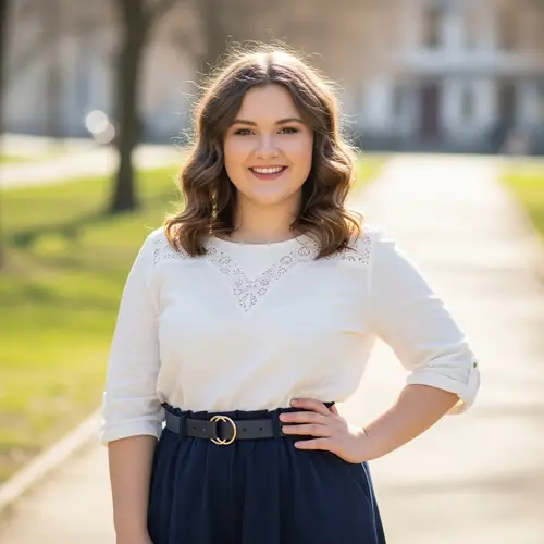 Confident Plump Girl with Wavy Brown Hair in Serene Surroundings