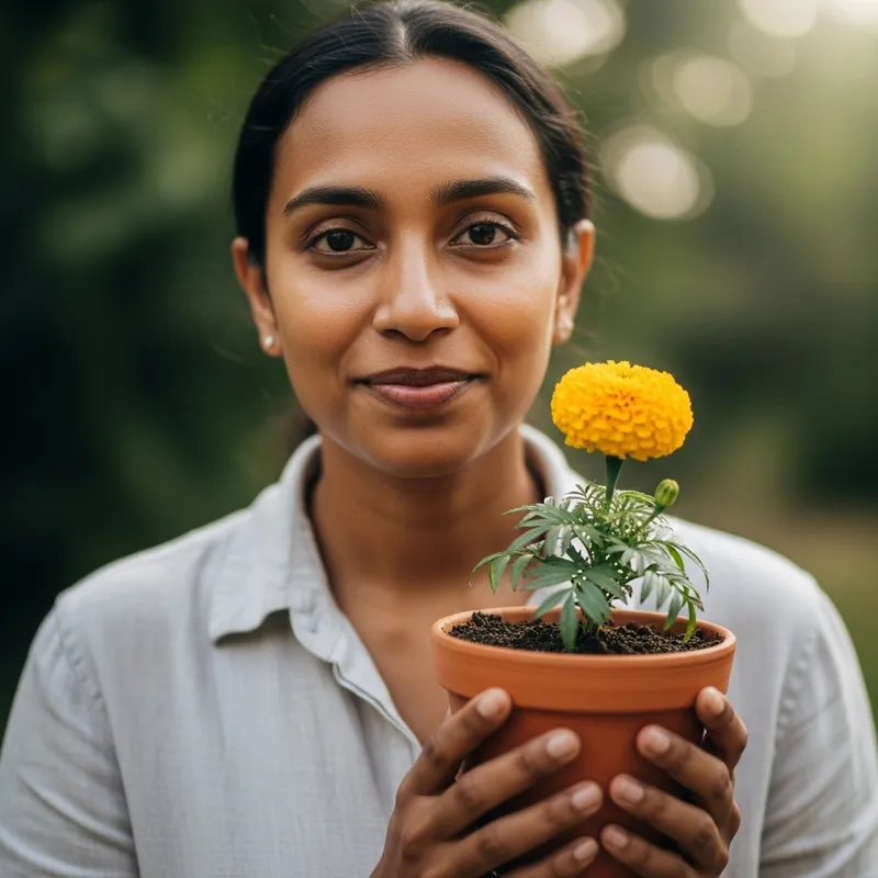 Beautiful Person Looking at Camera with Flower Pot Beautiful Person Looking at Camera with Flower Pot