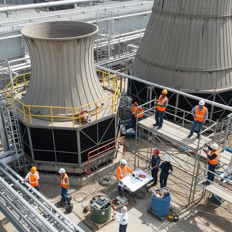 Bustling Industrial Process with Diverse Workforce and Cooling Tower