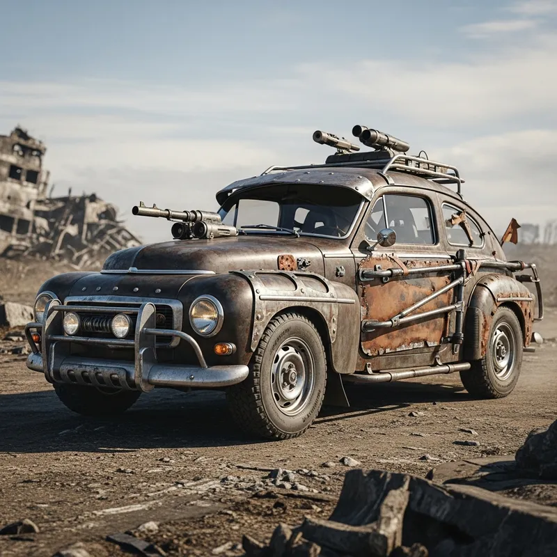 Dystopian Volvo PV 544 in Mad Max Style Environment