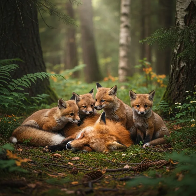 Red Fox Family in the Forest: A Touching Scene