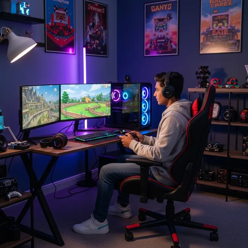 Young South Asian Gamer in Brightly Lit Gaming Room