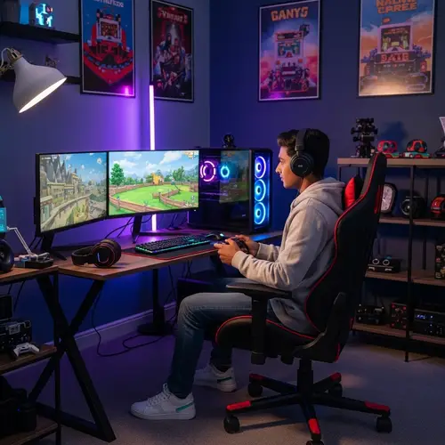 Enthusiastic 20-Year-Old Male Gamer in Well-Lit Gaming Room