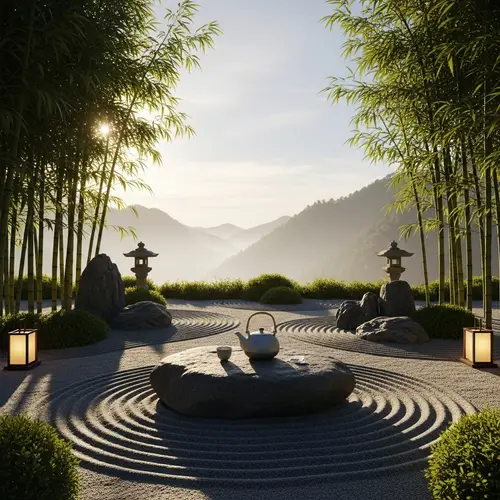 Tranquil Zen Garden Scene | Serene Setting with Bamboo Grove