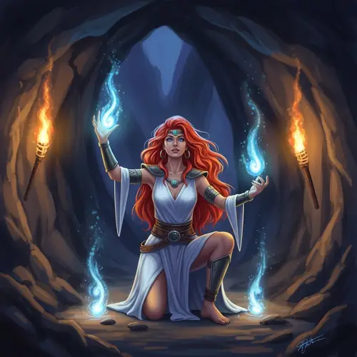 Fiery Red-Haired Woman in Mystical Cave - Magical Digital Painting