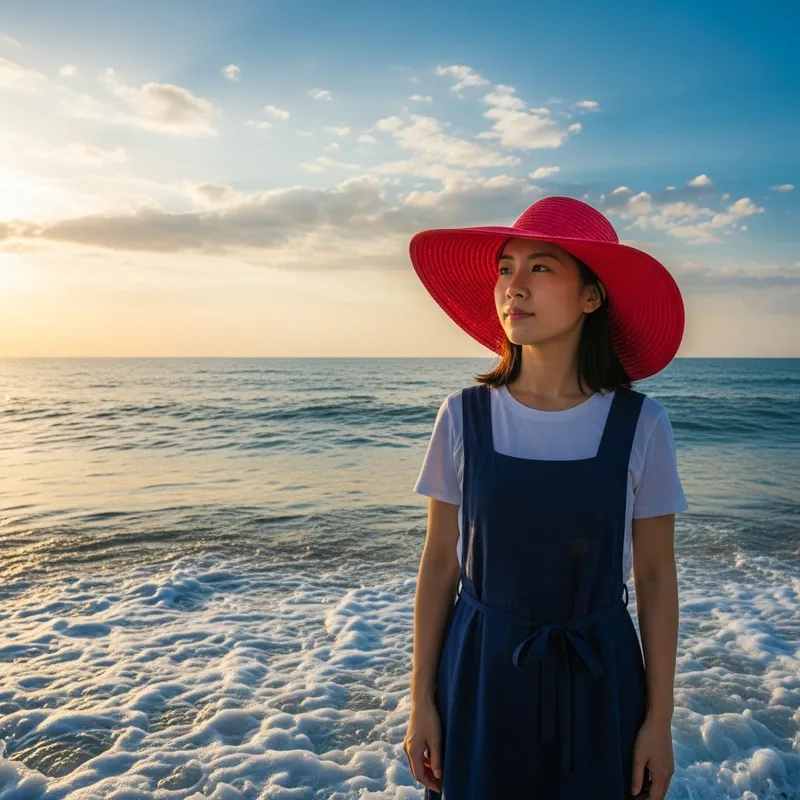 Asian Girl in Red Hat by the Sea | Sunset Beauty Asian Girl in Red Hat by the Sea | Sunset Beauty