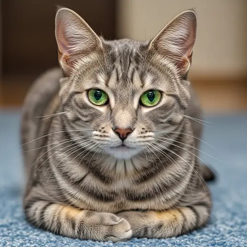 Grey Domestic Cat on Plush Blue Carpet - Engaging Portrait
