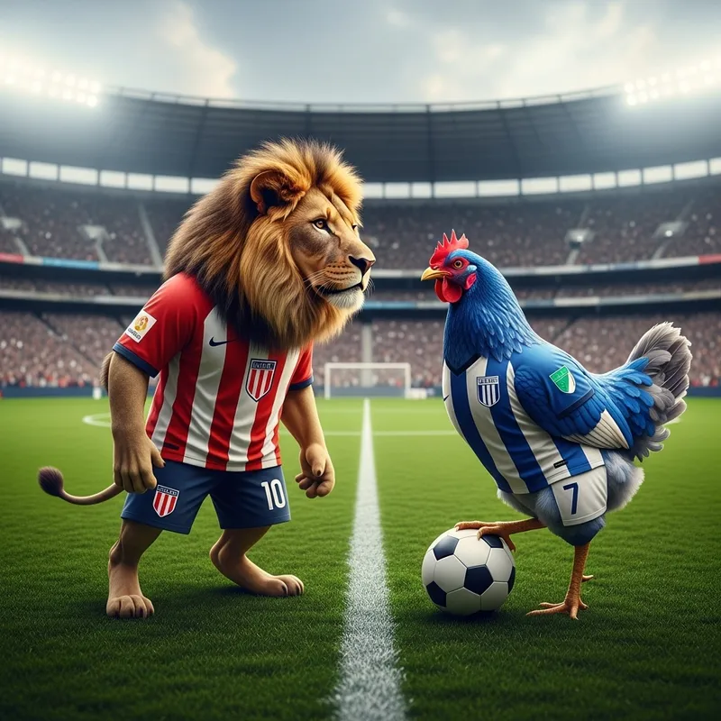Lion in Santa Fe Soccer Jersey, Chicken in Millonarios Jersey Lion in Santa Fe Soccer Jersey, Chicken in Millonarios Jersey