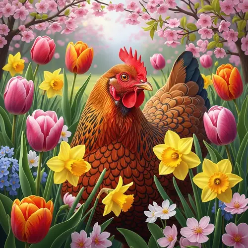 Spring Chicken in Bloom: Vibrant Red and Gold Amid Tulips & Cherry Blossoms