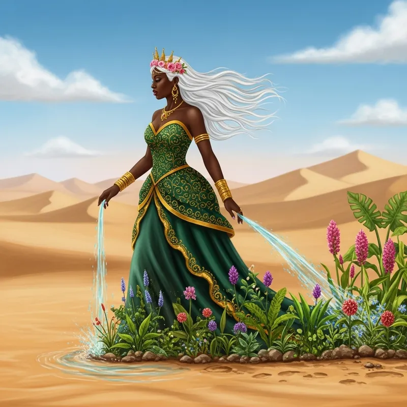 Majestic Black Woman's Oasis: Desert Blooms at her Feet