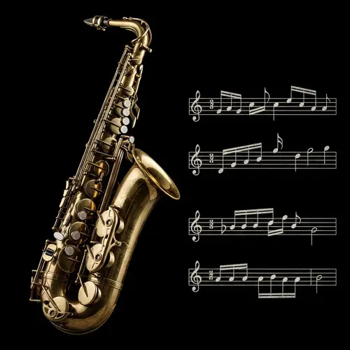 Vintage Saxophone with Dusty Notes on Black Background