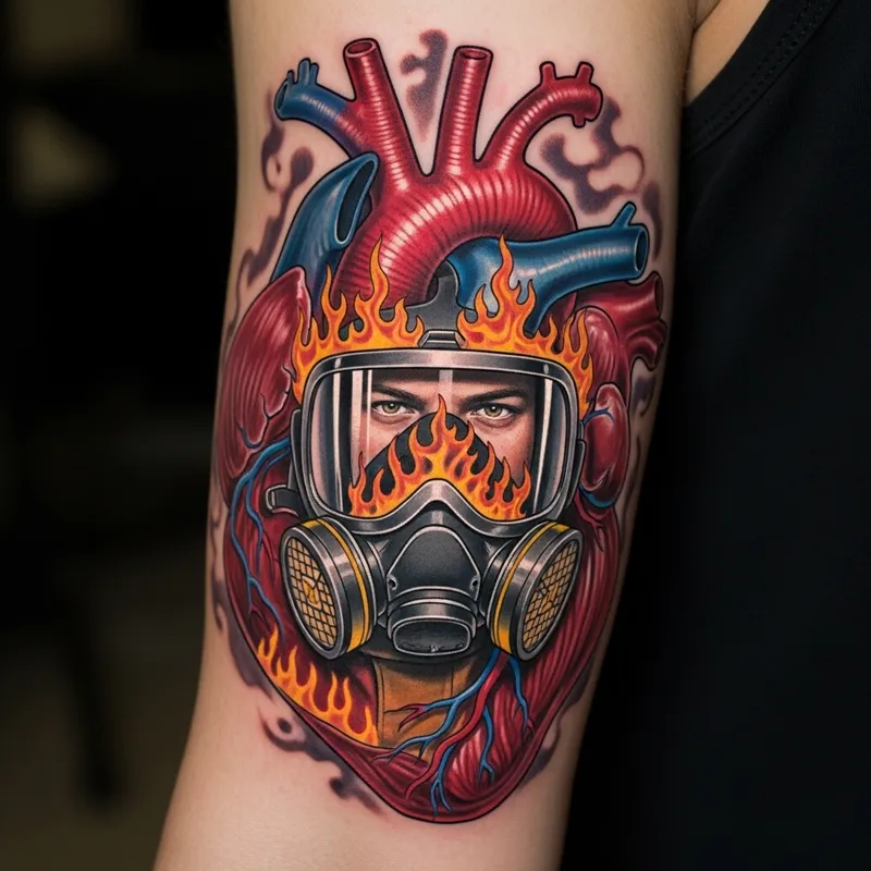 Heart Muscle Tattoo with Firefighter and Flames Inside