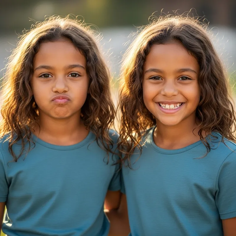 Biracial Twin Girls, Age 10: Pouting and Smiling Sisters - Beautiful Family Portrait