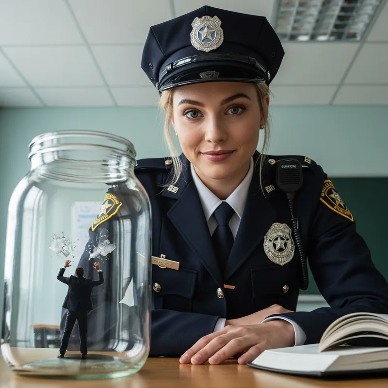 Blonde Student Policewoman Smirking at Tiny Man in Glass Jar