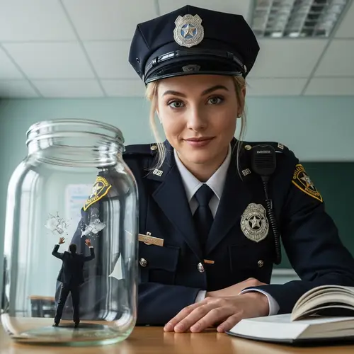 Confident Blonde Student Policewoman and Trapped Man in Glass Jar